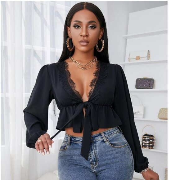 SHEIN Eyelash Lace Trim Lantern Sleeve Knot Front Peplum Crop Top Size XL - Picture 2 of 4